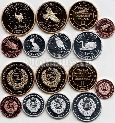 Республика Мордовия набор из 8-ми монетовидных жетонов 2013 года серии "Красная книга Мордовии" птицы