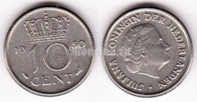 монета Нидерланды 10 центов 1950 год