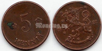 монета Финляндия 5 пенни 1922 год