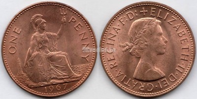 монета Великобритания 1 пенни 1967 год
